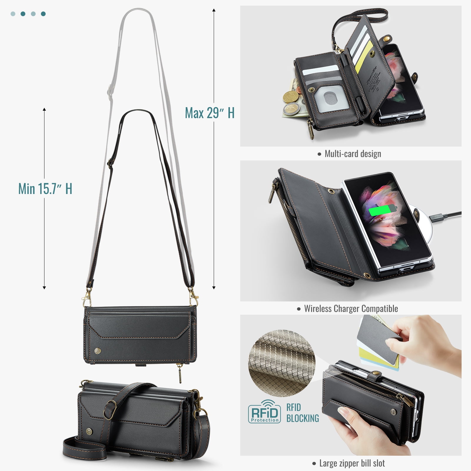 Dteck for Samsung Galaxy Z Fold 6 Case with RFID Blocking Wallet Case for Women Men, Shockproof PU Leather Magnetic Flip Strap Zipper Card Holder Phone Case,Black