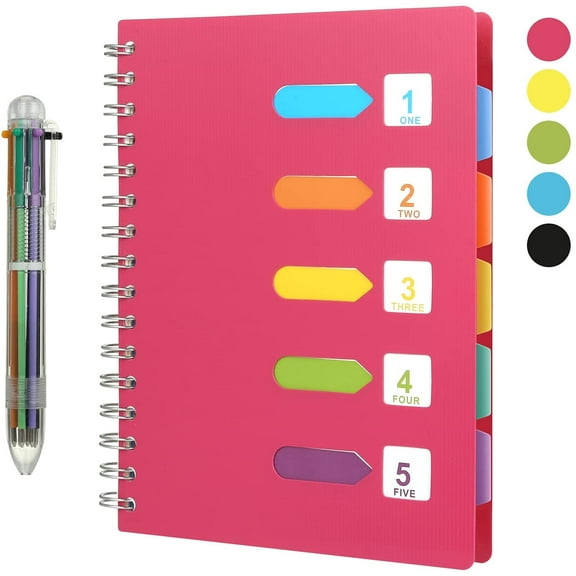 Naler Spiral Notebook, 5 Subject College Ruled A5 Notebook with 5 Colored Tabs,6-in-1 Pen,Rose Pink,240 Pages