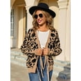 thumbnail image 2 of Women Leopard Print Bow- Tie Cardigan Long Sleeve Crewneck Open Front Knit Cardigan Casual Loose Outwear Khaki M, 2 of 8