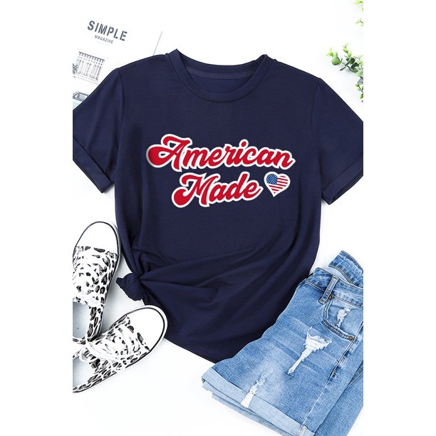 ABPHQTO Camiseta de manga corta con estampado en forma de corazón y bandera americana azul para mujer