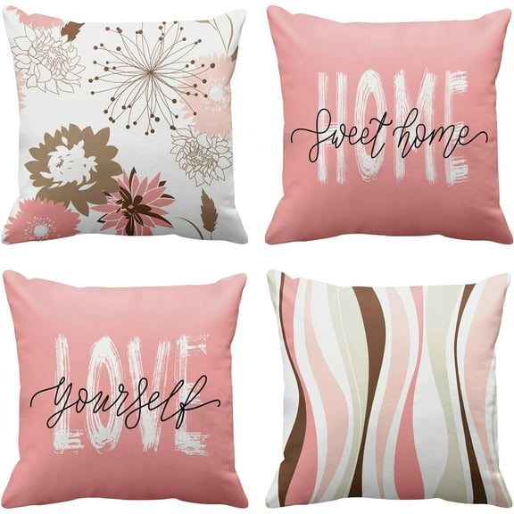 Set of 4 Throw Pillow Covers Pink Cute Floral Bird Home Sweet Home Love Yourself Abstract Blossom Decorative Pillow Cases Home Decor Standard Square 18x18 Inches Pillowcases