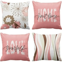 Set of 4 Throw Pillow Covers Pink Cute Floral Bird Home Sweet Home Love Yourself Abstract Blossom Decorative Pillow Cases Home Decor Standard Square 18x18 Inches Pillowcases