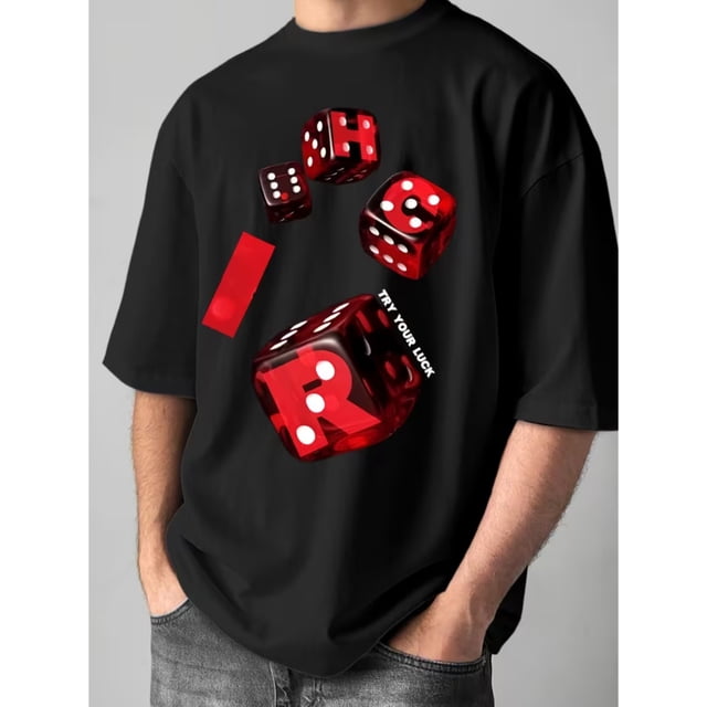 T-Shirt Décontracté à Col Rond pour Hommes, Mode Été, dés Rouges et Imprimé Lettre "TRY YOUR LUCK", Fibre de Polyester, Séchage Rapide