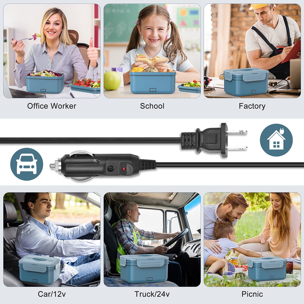 Vabaso Electric Lunch Box Food Heater, 1.8L/61oz Heated for Adults Car/Truck Home/Work, 60/80/100W Warmer Heating with Removable Stainless Steel Container, 12V/24V/110V220V Blue