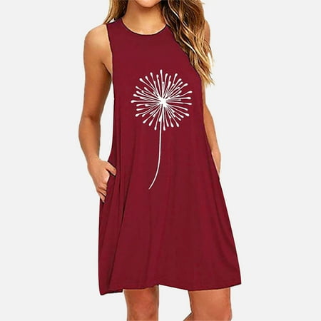 

MPWEGNP Fashion Womens Pocket Dandelions Printing Sleeveless Casual Nightdress Dresses