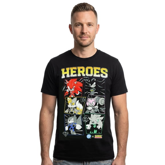 DC X Sonic The Hedgehog Men's T-Shirt Heroes Comic Book Panel Distressed Graphic Print Tee