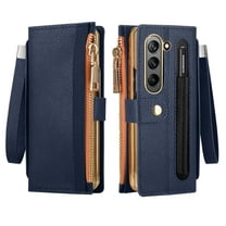 ELEHOLD Luxury Leather Wallet Case for Samsung Galaxy Z Fold 7 Zipper Pocket RFID Blocking Card Slots Pen Slot Stylus Pen Wrist Strap Shockproof Purse Case for Samsung Z Fold 7 2025,Darkblue
