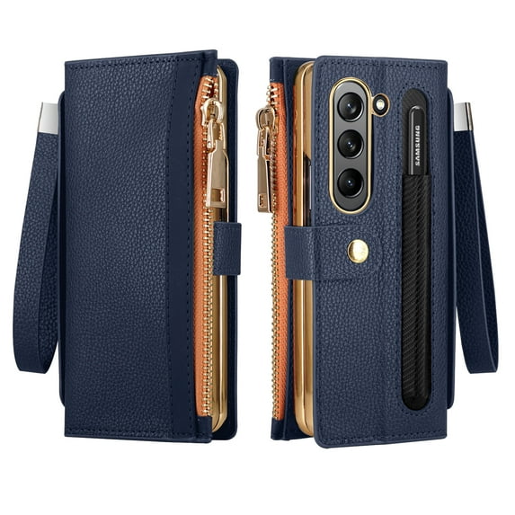 for Samsung Galaxy Z Fold 5 Case Wallet Women Men with Side Cash Pocket & Zipper Pocket, RFID Blocking PU Leather Kickstand Flip Plating TPU Bumper Phone Cover with Wrist Strap & Finger Grip, Darkblue
