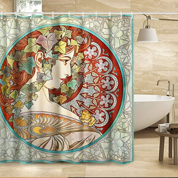 INVIN ART Bathroom Shower Curtain Set with Hooks,Ivy,1901 by Alphonse Mucha Home Art Paintings Pictures for Bathroom