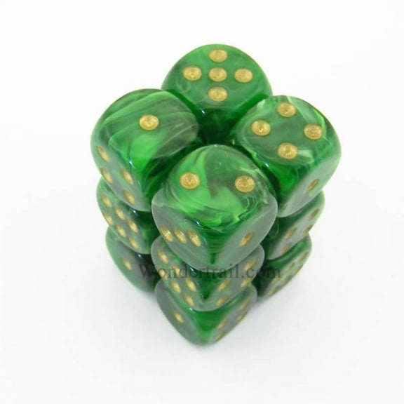 Green Vortex Dice with Gold Pips D6 16mm (5/8in) Pack of 12 Chessex
