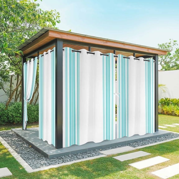 Teal Blue and White Striped Outdoor Curtains for Patio, Modern Minimalist Vertical Lines Sunshade Privacy Drapes Grommet Waterproof Outside Curtains for Porch/Cabana/Balcony 54"x 108", 1 Panel