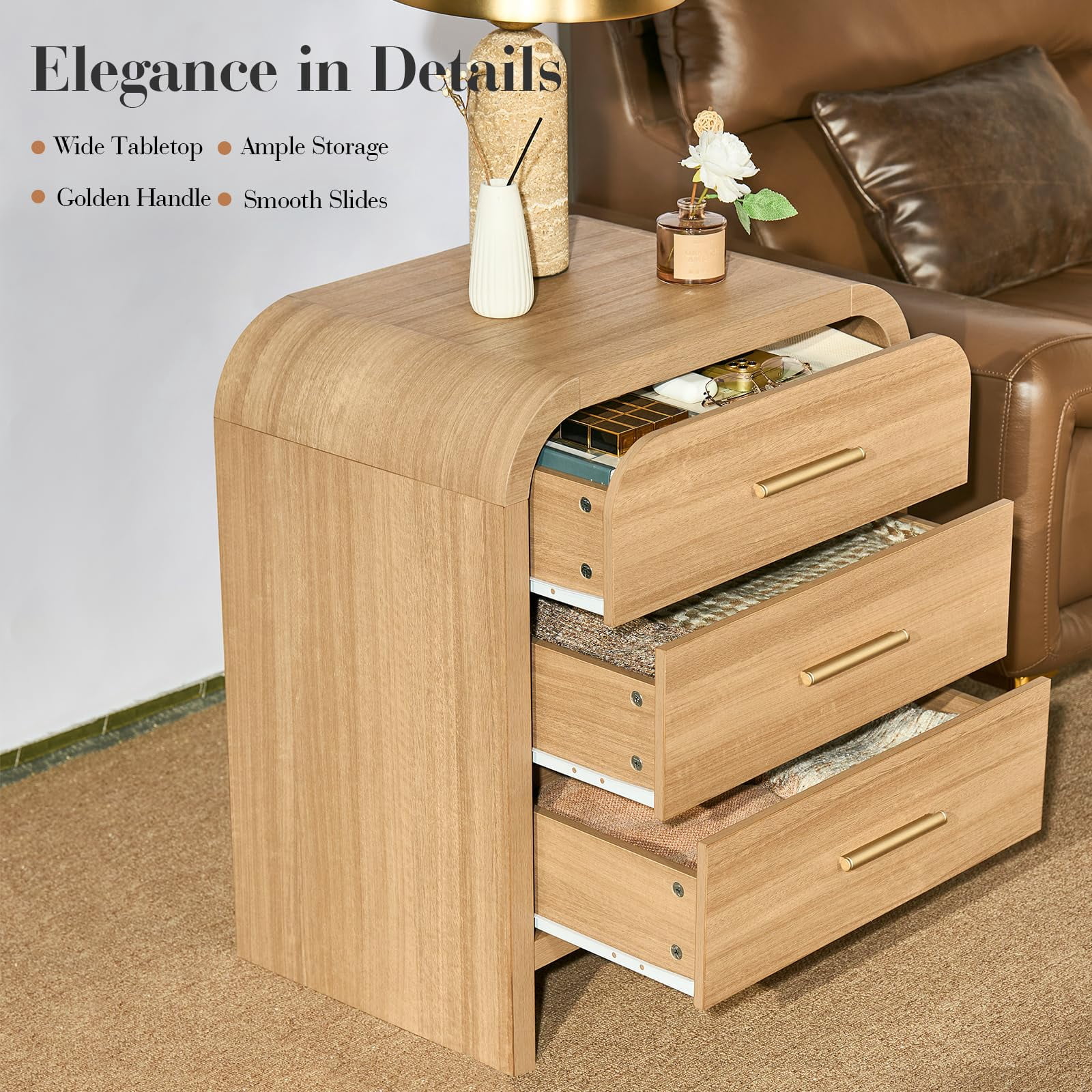 Vintagearth Nightstand 26.7" Tall Modern Curved Bedside Table, FSC-Certified Wood End Table, 3 Drawer Storage, Oak