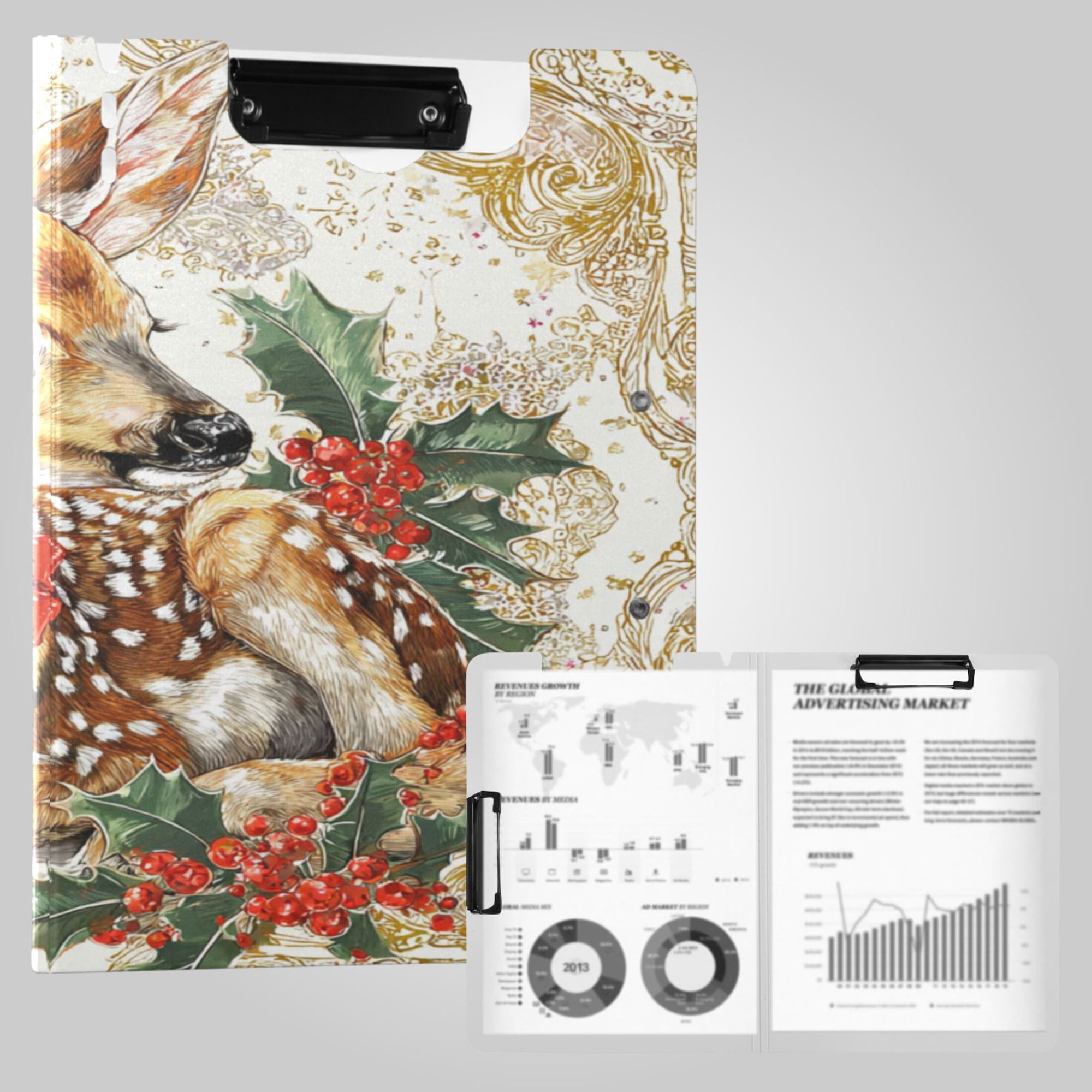 Foldable Binder Clipboards 360°Portable Plastic Folder Clipboard Extra Large Capacity Organizer Binder 18.9" x 12.6" for College Office Home Baby Deer with Red Bow