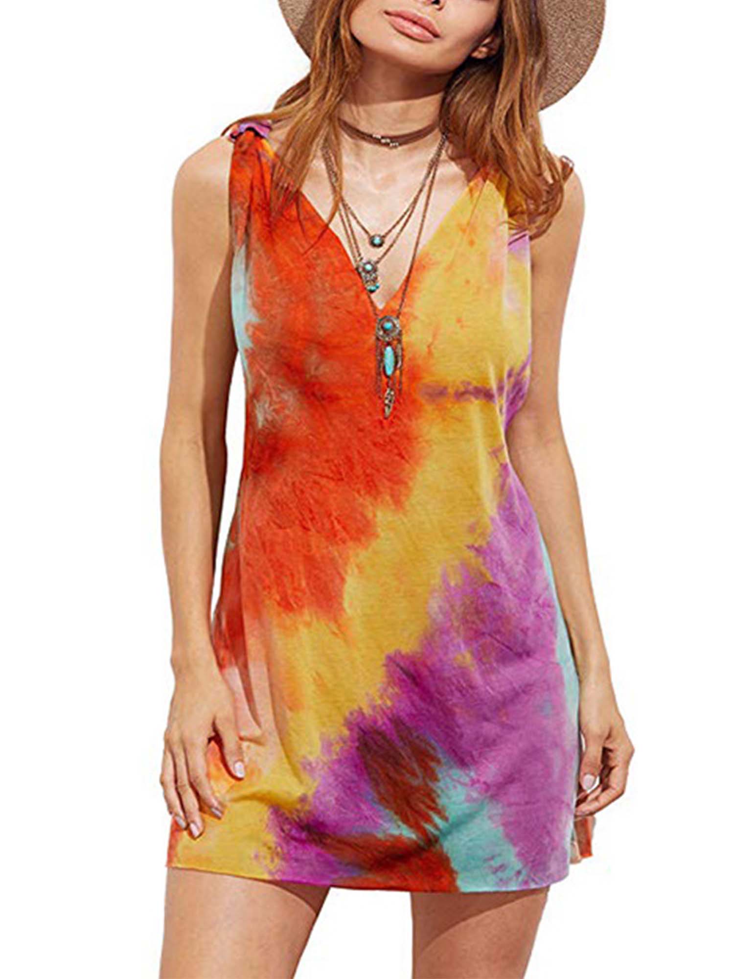 Womens Tie Dye Sleeveless Vest Dress Casual Summer Beach Loose Tank Top Sundress