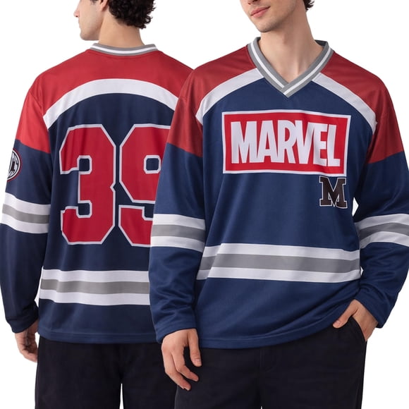 Camiseta de hockey de manga larga para hombre Marvel, azul marino, talla XL