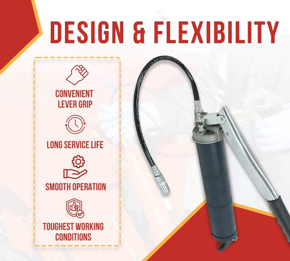 4 Pack Lever Action Grease Gun Heavy Duty Maximum Pressure - 10,000 PSI with 18-inch Whip Hose - Aluminium Cast Head - Capacity 16 oz Bulk/ 14oz Cartridge