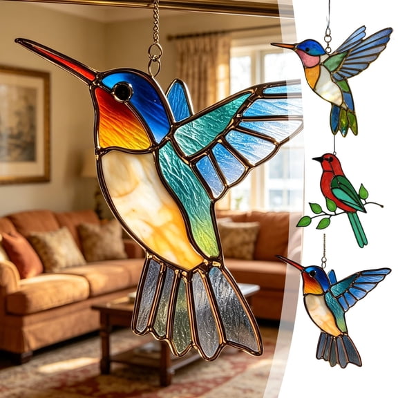 Stained Glass Bird Suncatcher with Hanging Chain, Light Catching Window Ornament, Artisan Crafted Wall & Tree Decor, Indoor Outdoor Home Patio Porch Accent, Unique Gift for Nature and Art Lovers