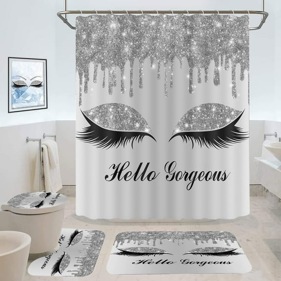 Hello Gorgeous Shower Curtain Set, 4PCS Grey Bathroom Sets with Silver Glitter Eyelash Twinkle Drips Shower Curtains, Bath Rug, Toilet Lid Cover & U Shaped Mat, 12 Hooks, SETLSGU12