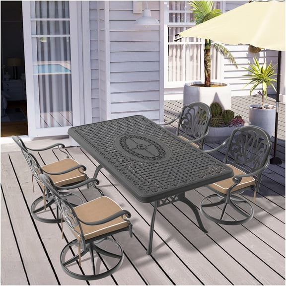 JERFIT 5-Piece Outdoor Patio Dining Set with Swivel Chairs, All-Weather Cast Aluminum Table and 4 Seating Cushions for Garden, Deck, Poolside