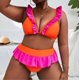 thumbnail image 1 of Bikini de talla grande para mujer, bañador naranja con volantes en contraste, traje de baño de cintura alta con realce, ropa de baño de dos piezas para verano 2024, 1 of 5