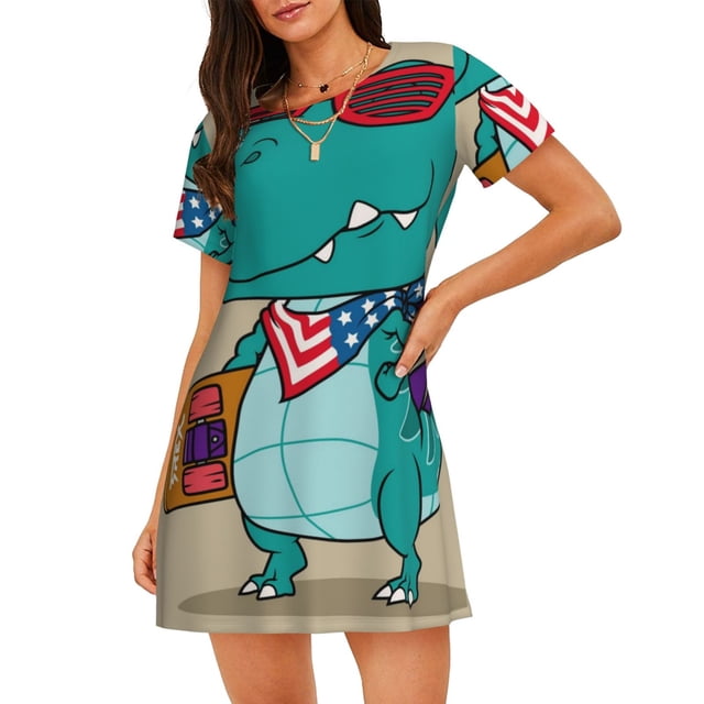 Balery Cool Dino Playing Skateboard Camisón de manga corta con cuello redondo para mujer, cómodo y elegante.