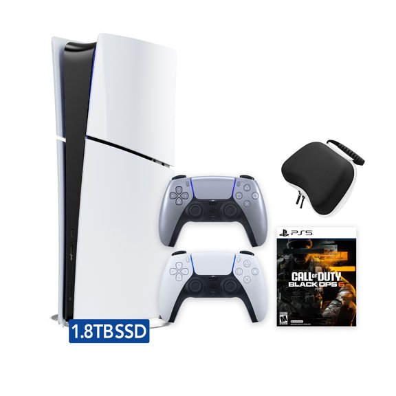 PlayStation 5 Slim Digital 1.8TB SSD Call of Duty Black Ops 6 Console with Two Controllers, White and Sterling Silver DualSense and Hard Shell Protective Controller Case - PS5 Slim Digital Console