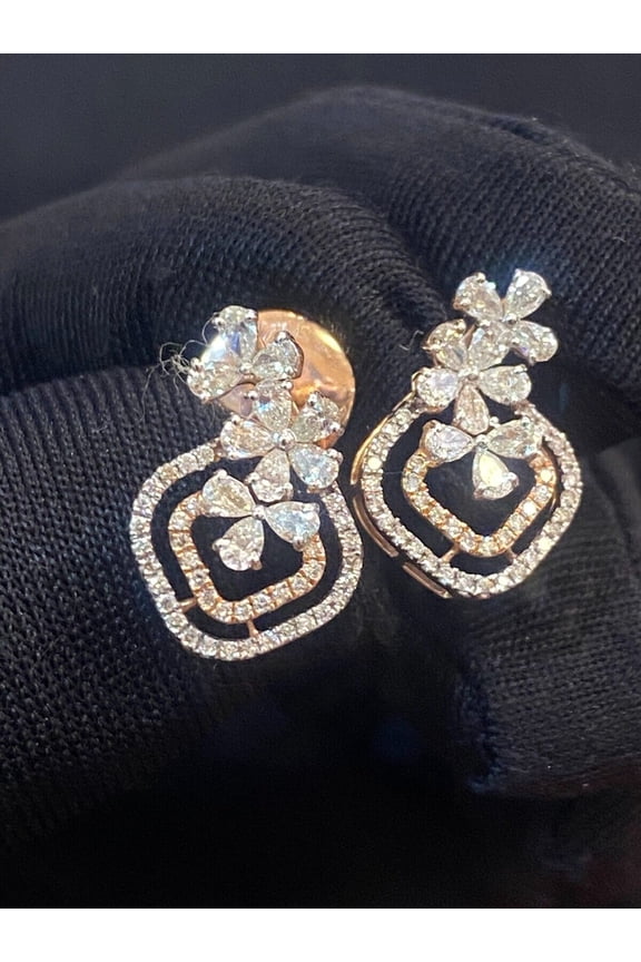 1.10 Carats Pear Round Brilliant Cut Natural Diamonds Stud Earrings In Hallmark 14K Rose Gold