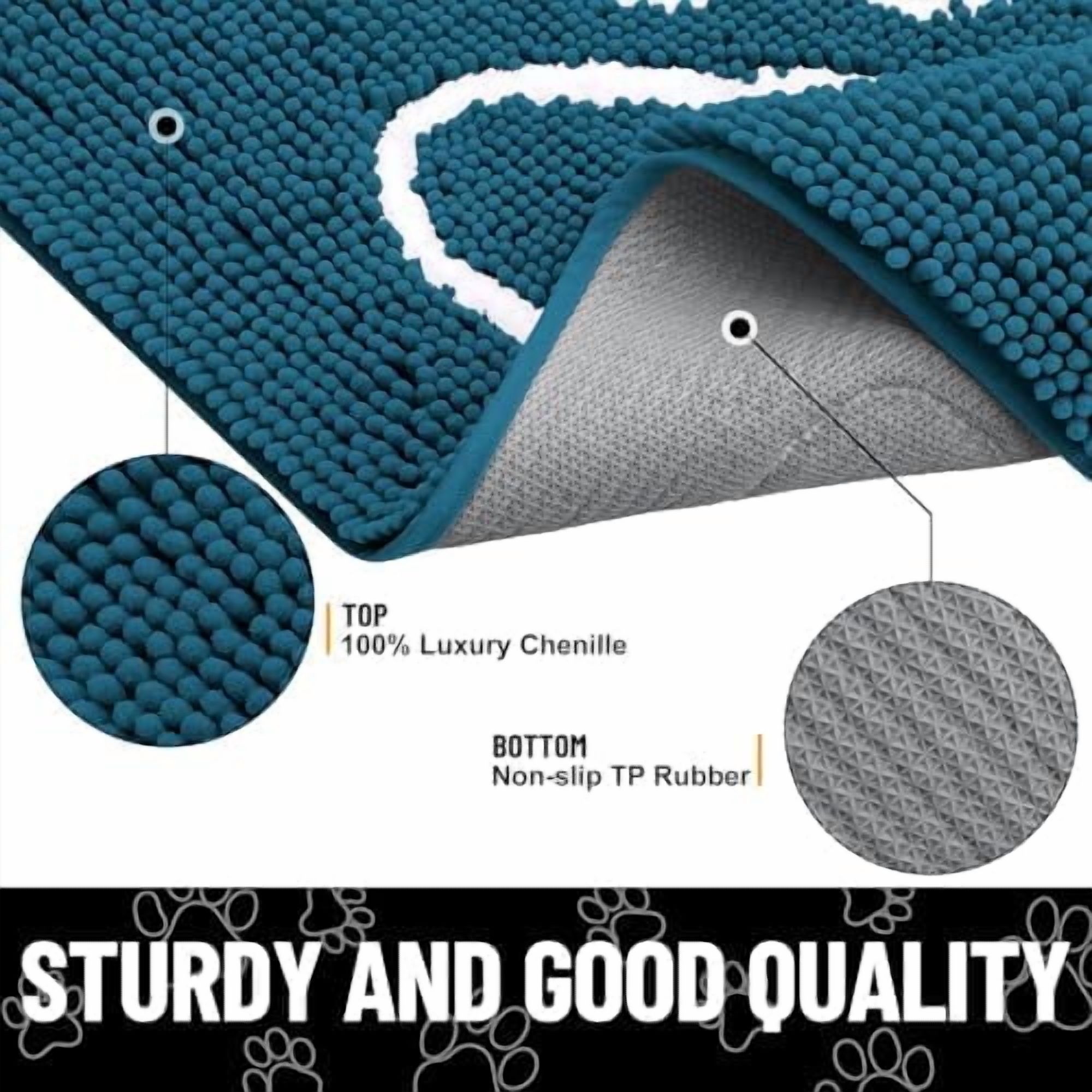 Dog Door Mat for Muddy Paws, Absorbent Dirt Trapper Non Slip Quick Dry Washable Chenille Mat for Mud Dogs, Entry Rug for Indoor and Outdoor (24x16 Inches, Atlantic Blue and White)