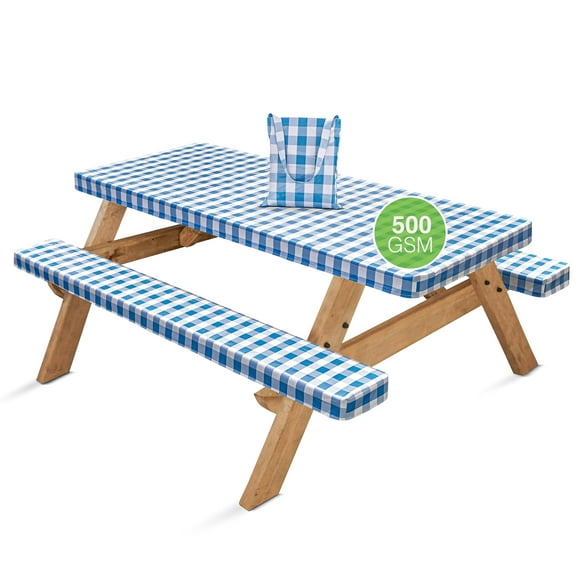 Hudson Comfort Housse de Table de Pique-Nique avec Housses de Banc - 500 GSM Réutilisable en Vinyle Robuste pour Extérieur - Nappe de Pique-Nique Imperméable avec Étui de Transport (Bleu 72x30 Pouces) (6 Pieds de Long)