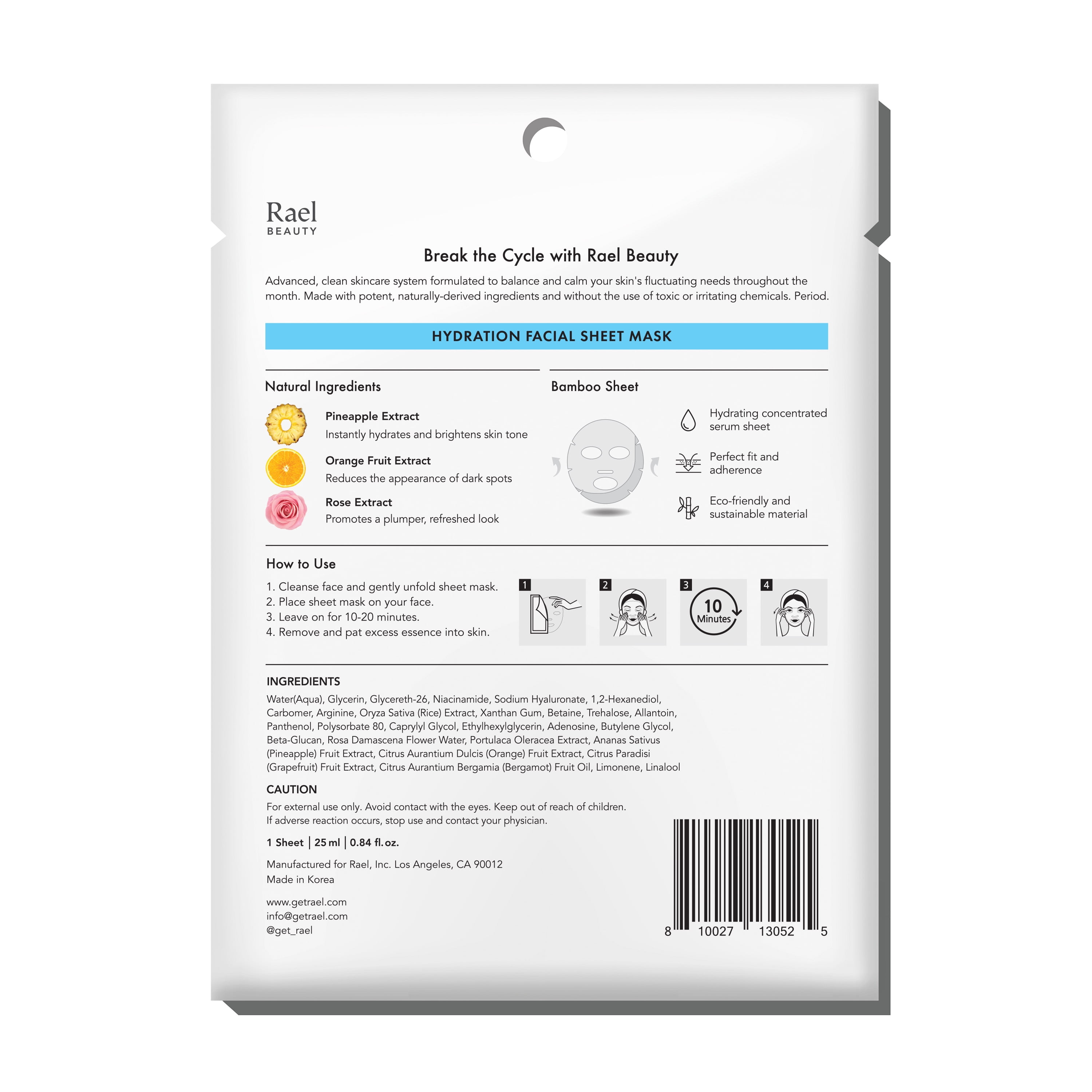 Rael Beauty Hydration Facial Sheet Mask for Dry Skin, Refresh and Moisturize, 1 Count