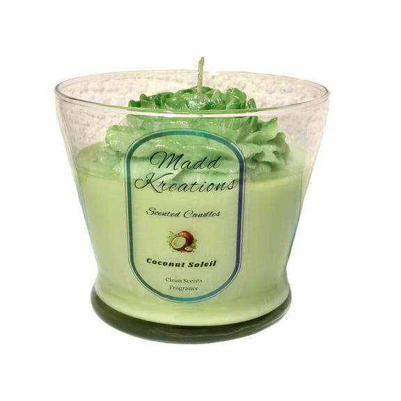 Madd Kreations Coconut Soleil Scented Candle, Clear Glass Container with Rose Design, Clean Fresh Fragrance