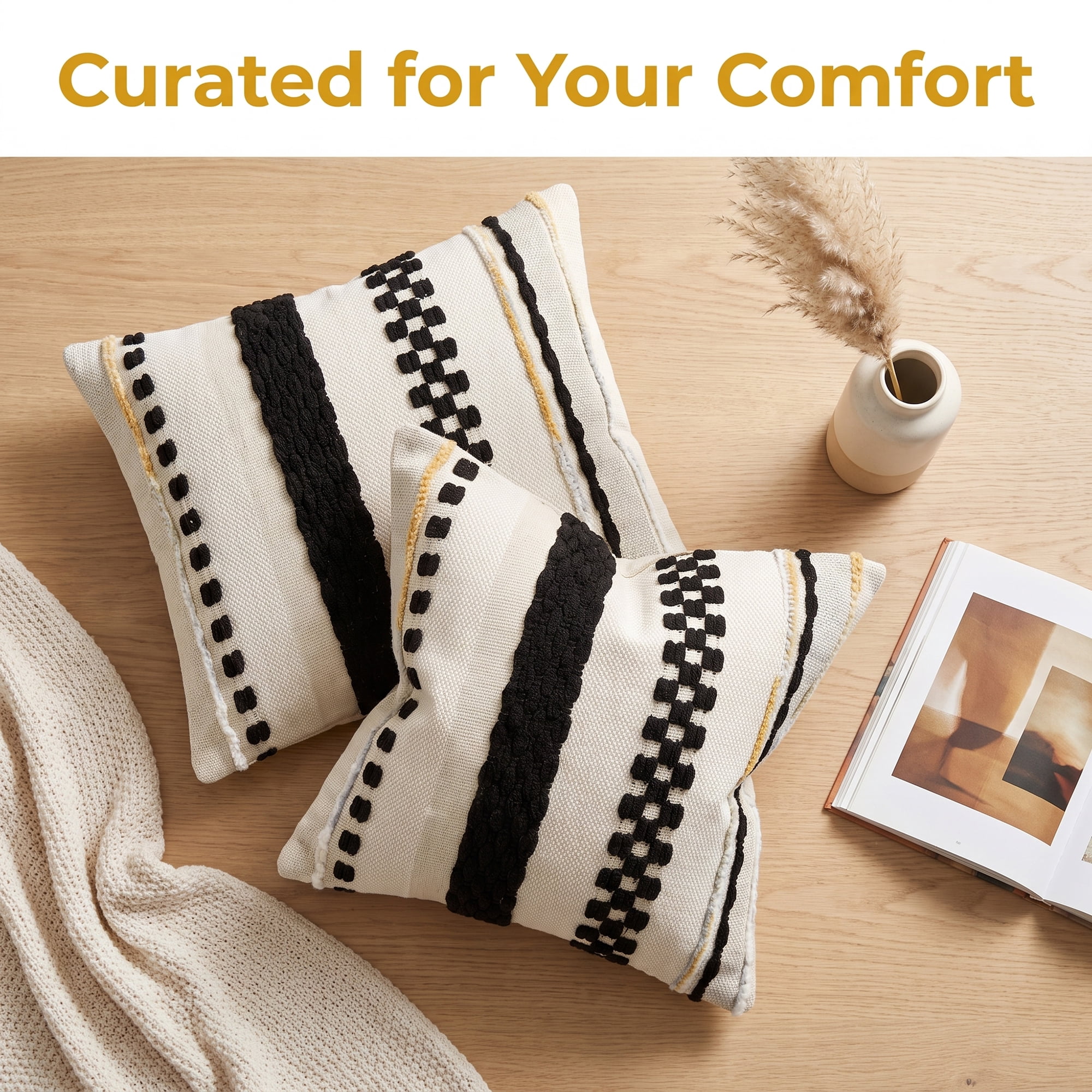 Unique Bargains 3D Chenille Tufted Throw Pillow Cover Grid Stripe Case Black 18"x18"