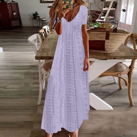 Blmnix Women Dresses Long Dress Fit & Flare Vacation Dress Dresses V-Neck Short Sleeve Purple Maxi Adjustable Waist Casual Dresses for Women Summer,S