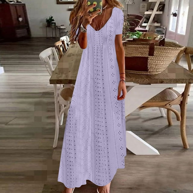 Meichang Robes à Oeillets pour Femmes Col en V Manches Courtes Robes Maxi Unies Coupe Ample Longues Robes Évasées Plage Vacances Robes