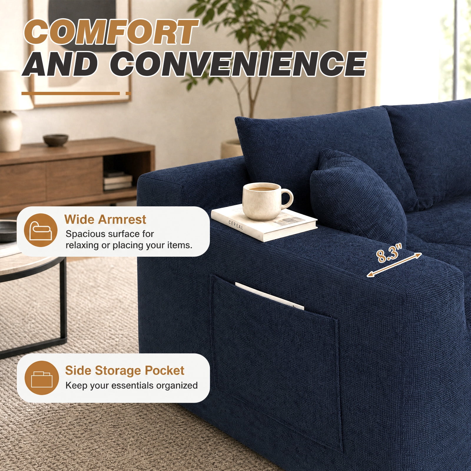 Lunale L-Shaped Modular Sectional Sofa with Left Chaise, No Assembly Required, Boneless Polyester Cloud Couch for Living Room, Blue