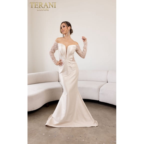Women's Terani Couture 241M2734 Off Shoulder Jacquard Long Mother of the Bride Gown Champagne Goldish Beige6 Champagne Goldish Beige Nude
