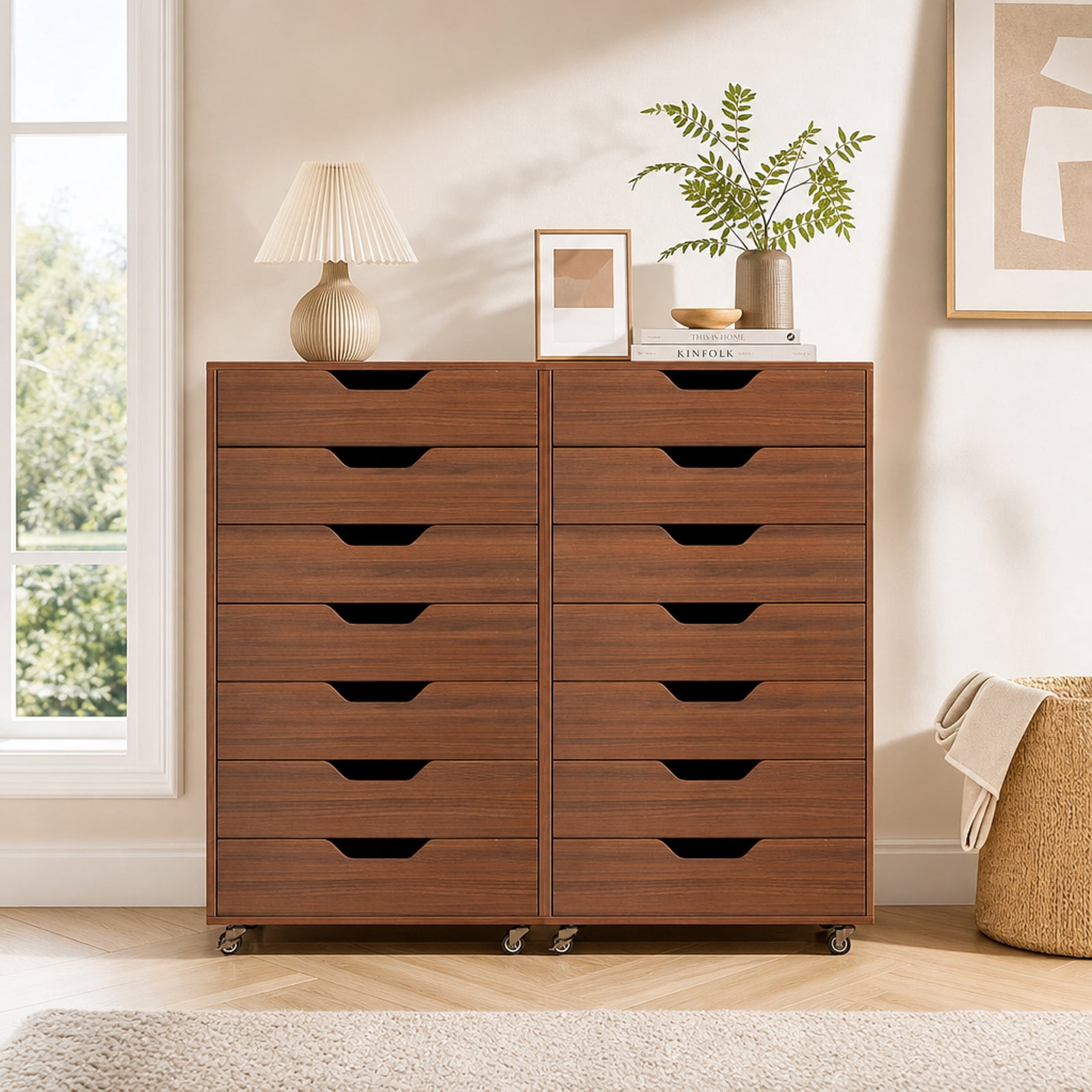 Furnibear 7-Drawer Chest Wooden Storage Dresser with Lockable Wheels for Home Office Filing Document Letter Legal Storage, Walnut