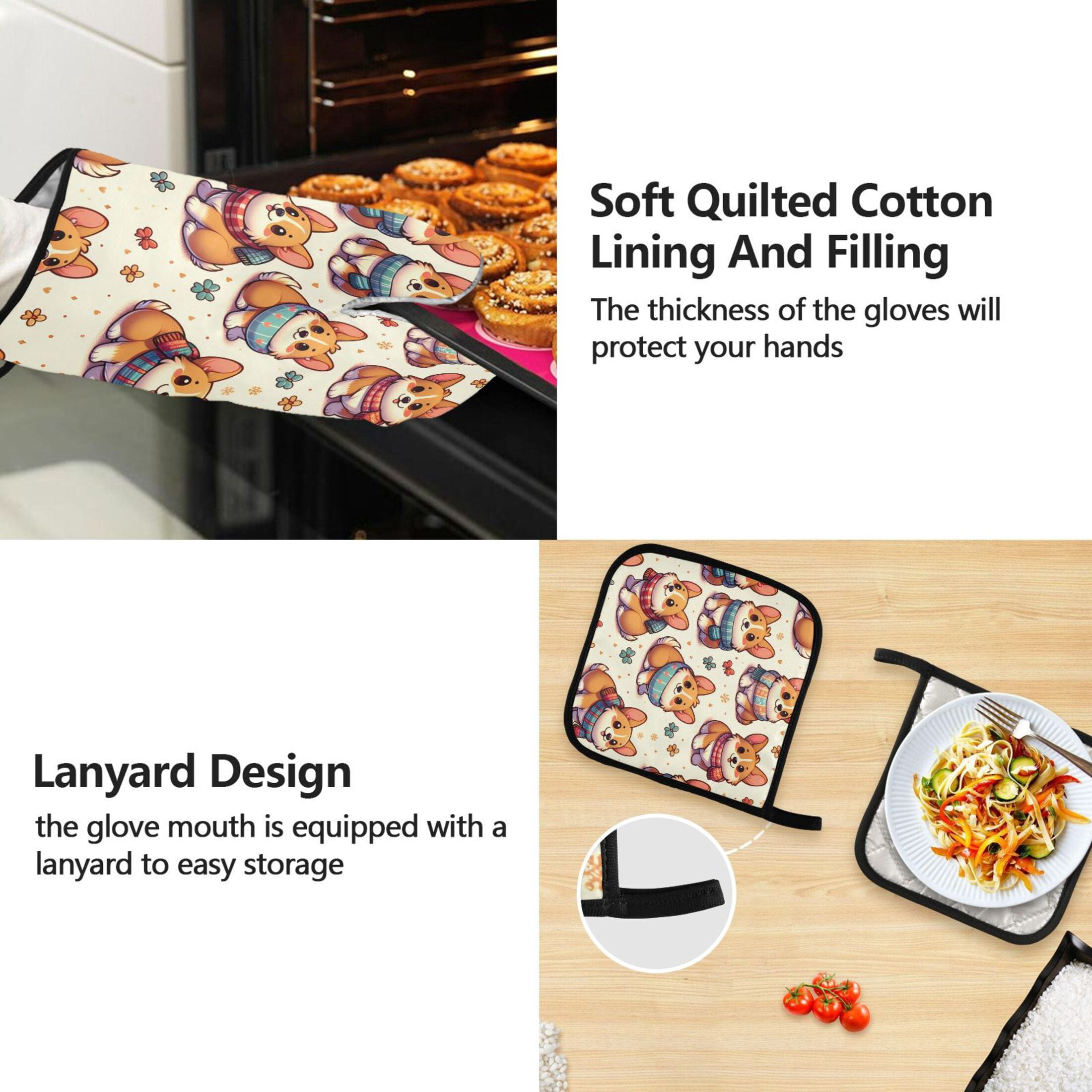 Corgi Dog Wearing Scarves 5 Pcs Kitchen Set Heat Resistant Oven Mitts and Non-Slip Pot Holders with Adjustable Cooking Apron