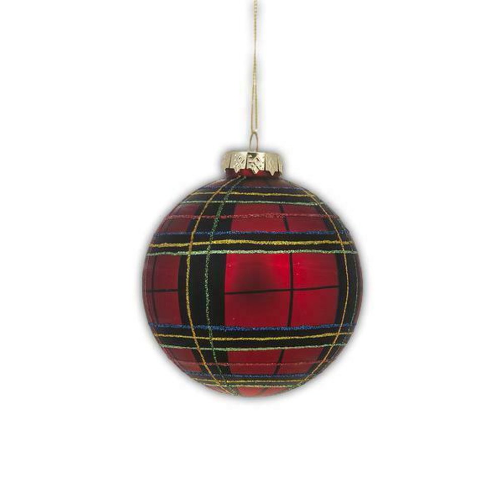 RED PLAID Glass Ball Christmas Ornaments, by Ganz