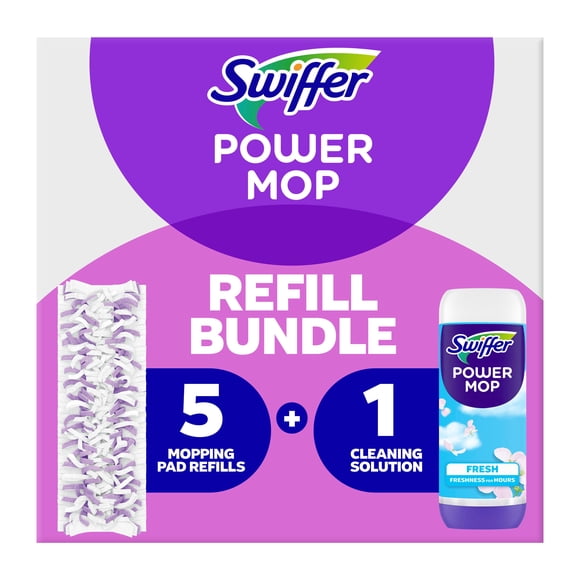 Swiffer Power Mop Refill Pack, Tile, Laminate, Wood, Floor Cleaner, 5 Pads + 1 Fresh Solution