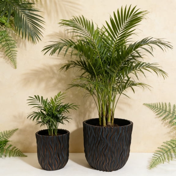 mdj pottery Set of 2 Magnesium Oxide Plant Pots Set, 15.75 12.2 Inch Planters Indoor with Drainage Hole, Vertical Wavy Textured MGO Flower Pots for Succulents, Greenery - Copper Dark Blue