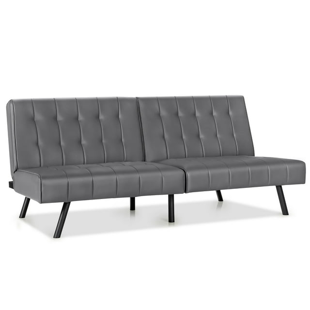 Costway Futon Sofa Bed PU Leather Convertible Folding Couch Sleeper Lounge Grey