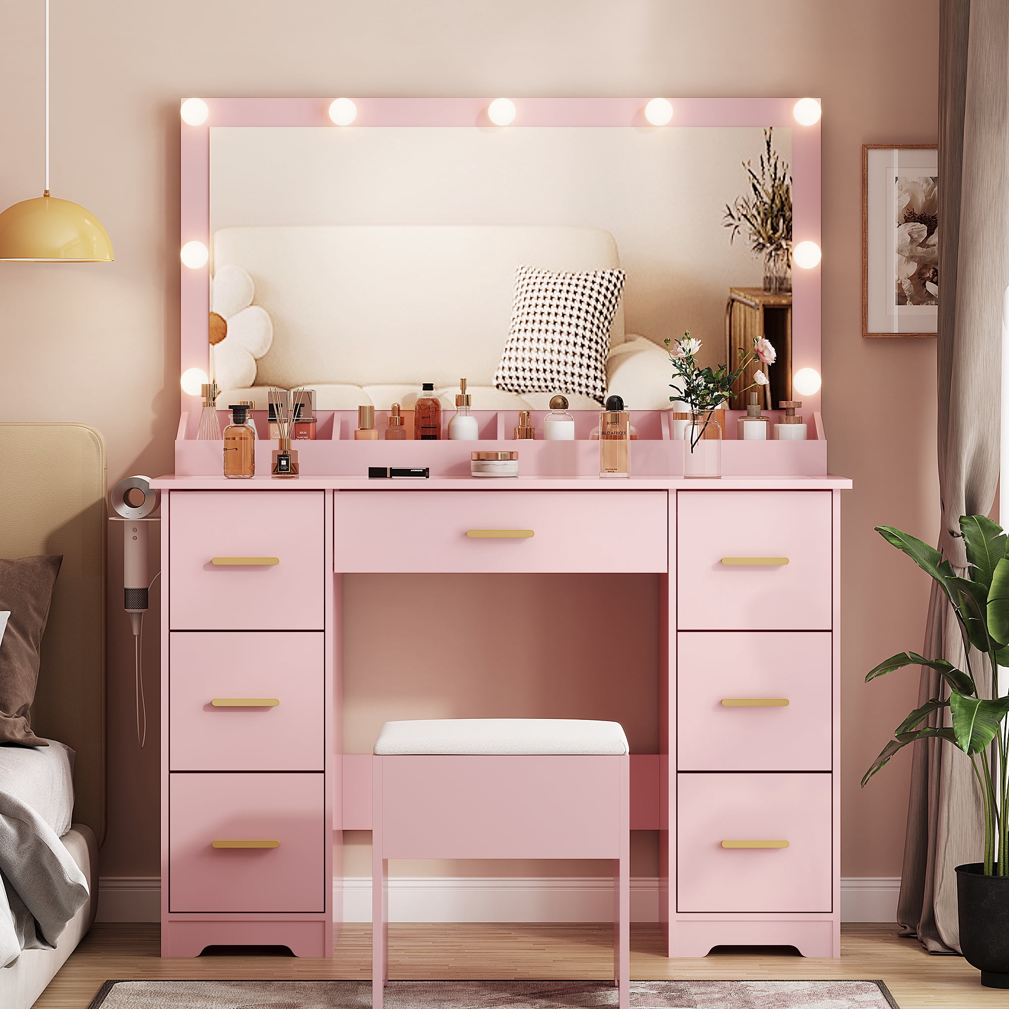 Vanity Desk with 38" Large Mirror and 9 LED Lights & Glass Top and Power Outlet, Adults Makeup Vanity with Chair and 7 Storage Drawers, Dressing Table Set for Bedroom, Modern Pink