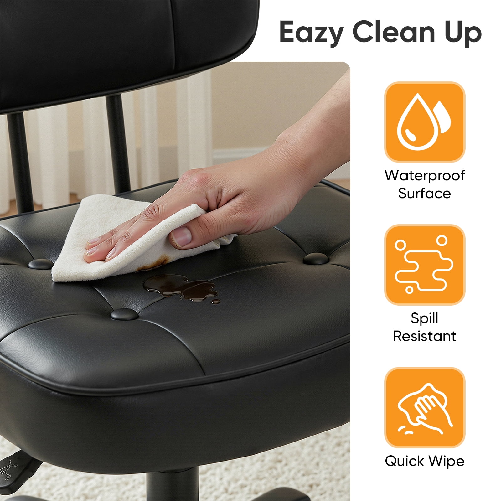 Gianna Ergonomic PU Leather Desk Chair, Armless Rolling Chair with Thickened Cushion for Small Spaces