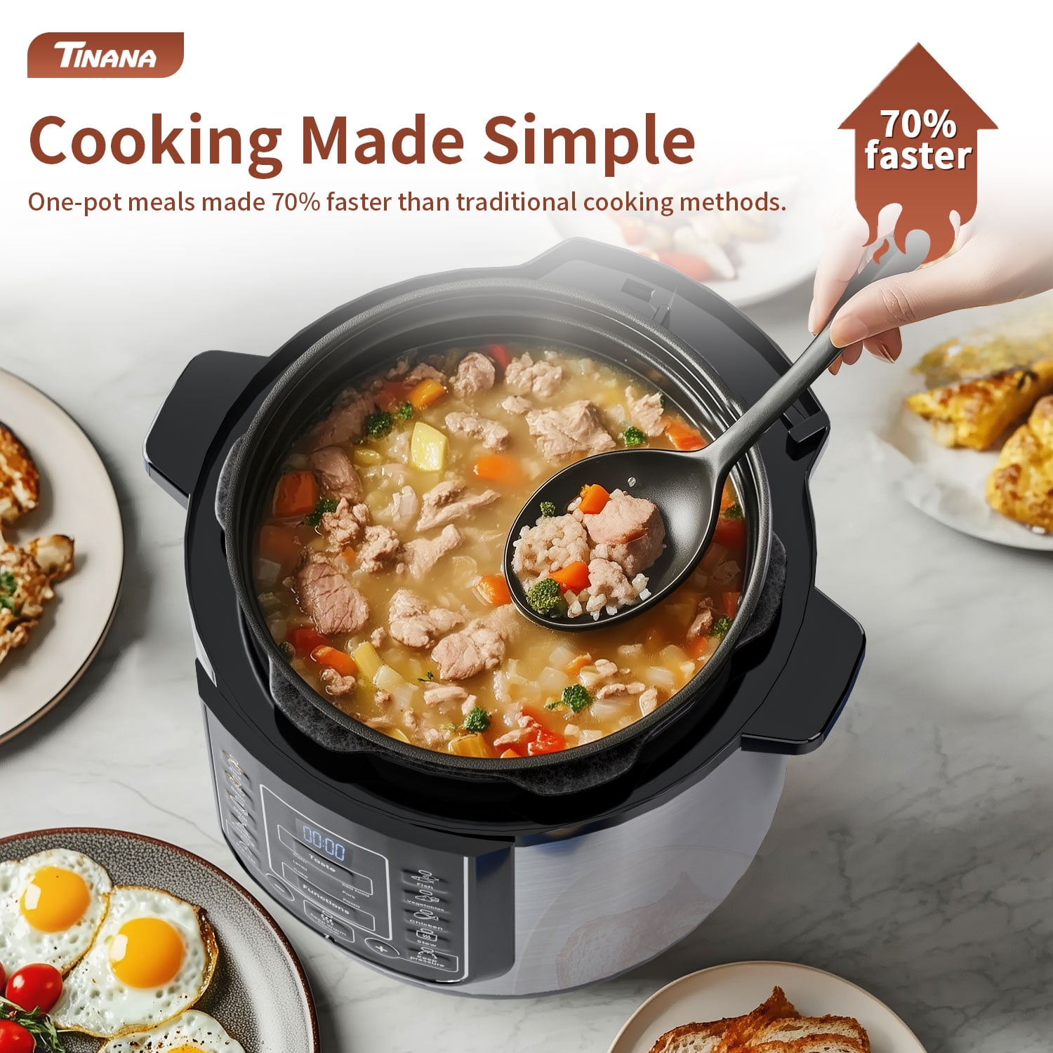 TINANA 6 Qt Electric Pressure Cooker 9-in-1, 14 Presets Instant Multi-Function Pot, Slow Cooker, Rice Cooker, Cake Maker, Non-Stick, Stainless Steel