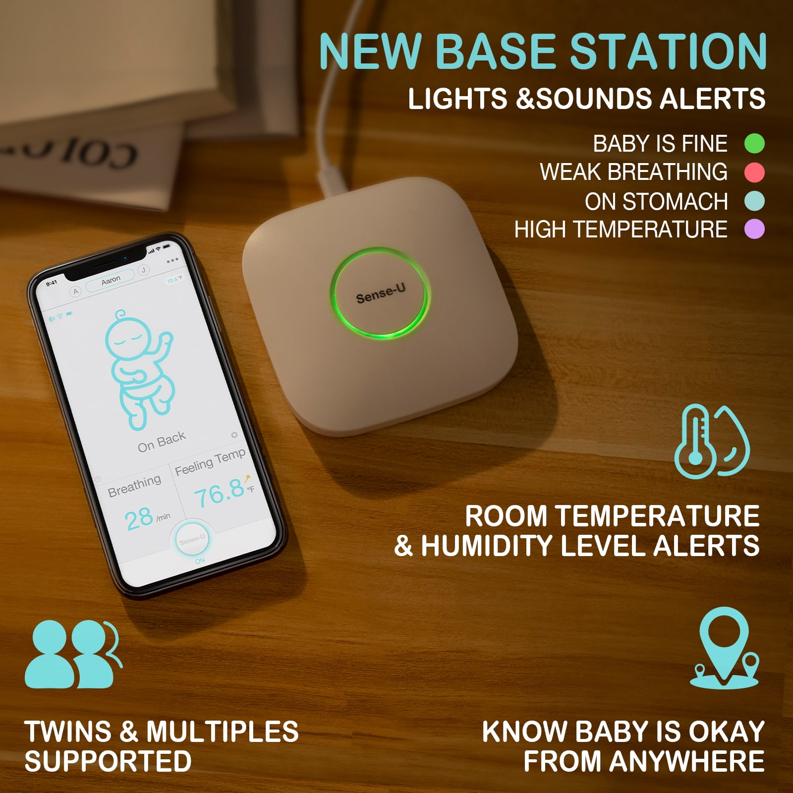Pink Sense-U Baby Monitor Breathing Rollover Movement Temperature Sensors 