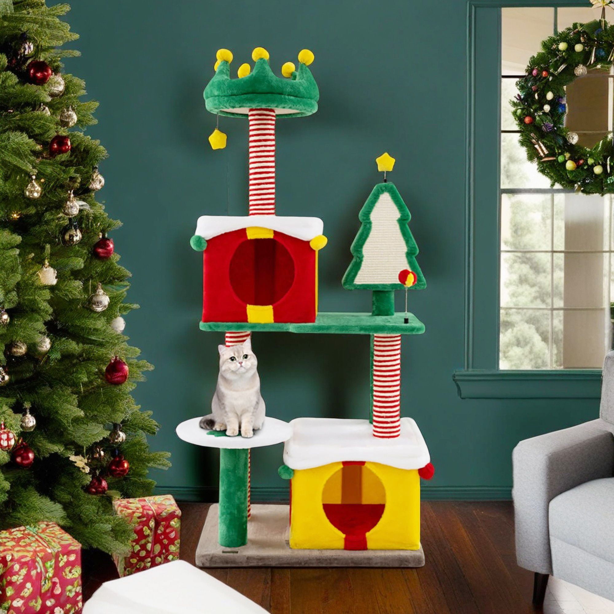 resenkos 61" Tall Christmas Decor Cat Tree Tower for Indoor Cats, Multi-Level Cat Climbing Tower with Cat Condos, Top Perches, Kittens Play Activity Center, Multicolor