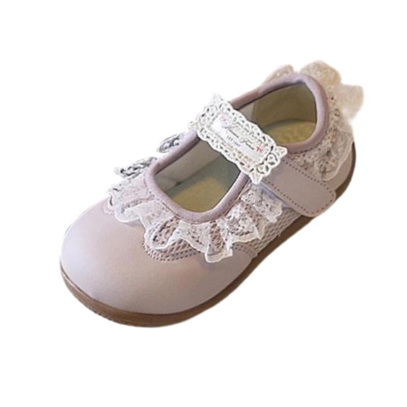 hoksml Girls Lace Ruffle Trim Mary Jane Flats with Adjustable Strap, Cute Metallic Dress Shoes for Kids Party and Special Occasions