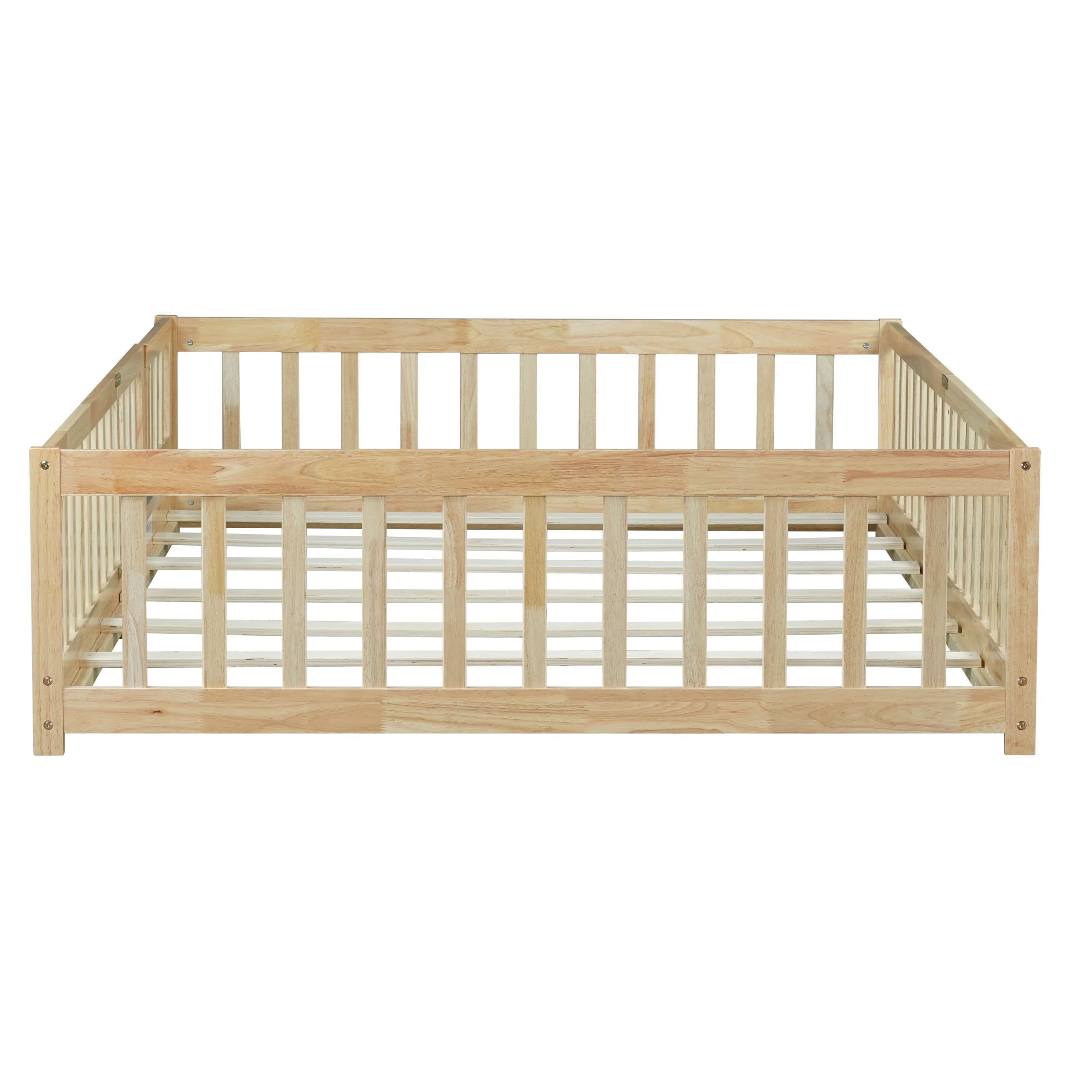 Noble House Amary Full Floor Bed with Safety Fence and Door, Sturdy Rubber Wood Montessori Bed Frame, Natural