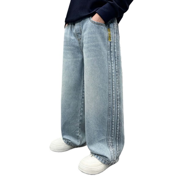 CAIXIA Boys Jeans Baggy Straps Straight Wide Leg Denim Pants Ripped Loose Fit Kids Trousers Elastic High Waisted Streetwear Youth Kids